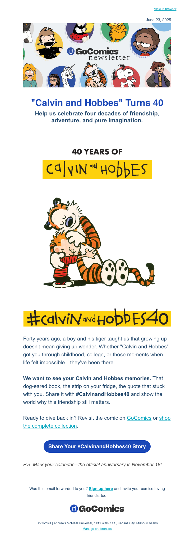 Calvin and Hobbes 40th anniversary campaign email