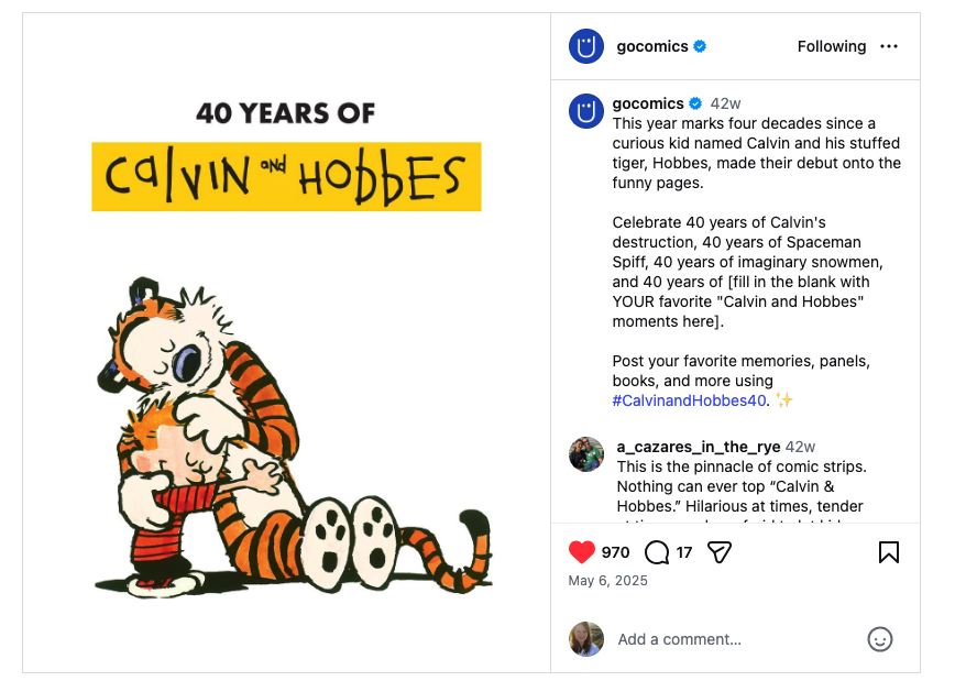 Calvin and Hobbes 40th anniversary campaign launch post