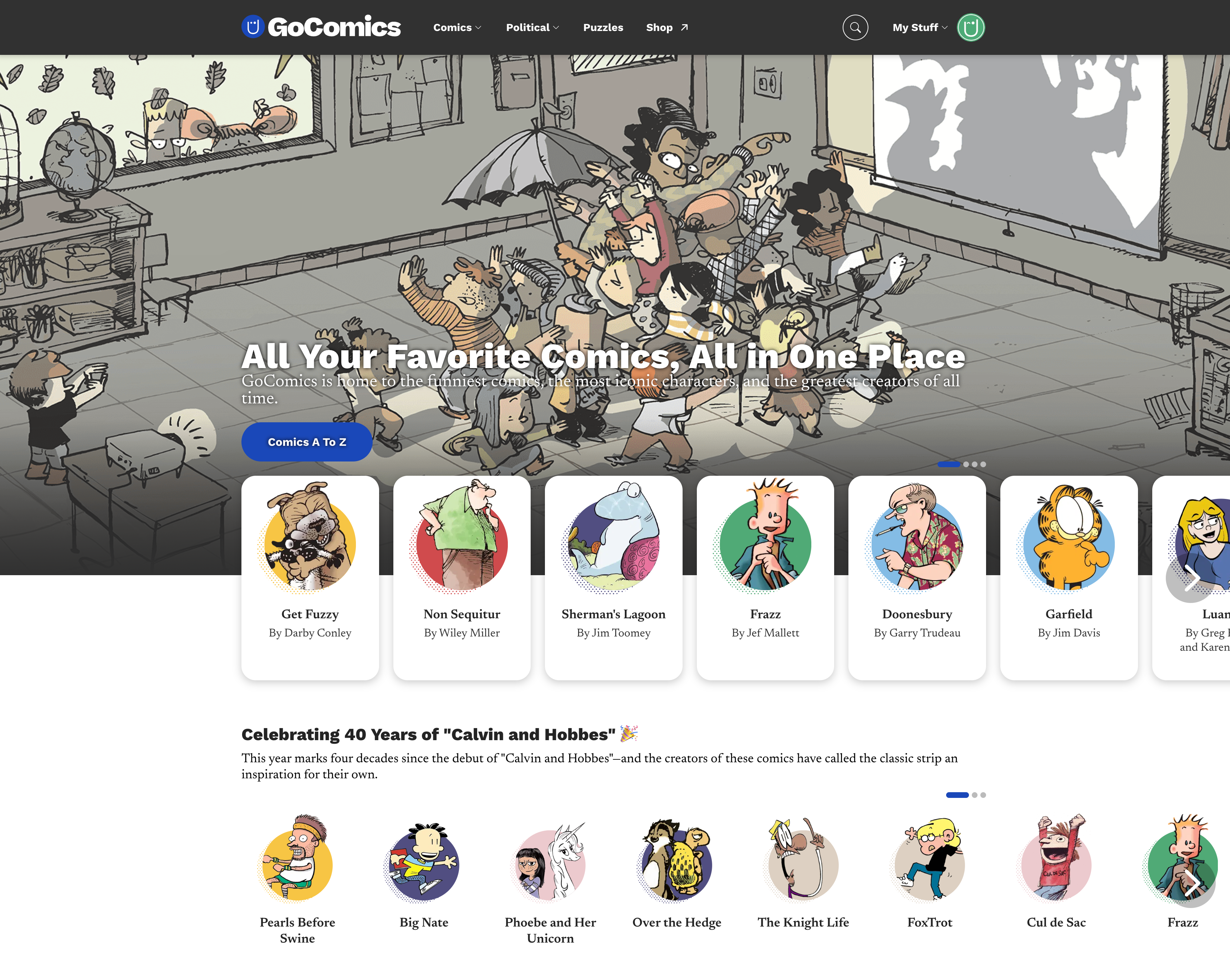 Calvin and Hobbes 40th anniversary GoComics homepage module